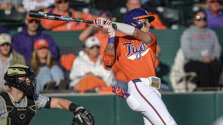 Clemson outfieler Cam Cannarella (10) bats against Wake Forest University graduate Matt Bedford (29) during the bottom of the first inning at Doug Kingsmore Stadium in Clemson, S.C. Friday, March 21, 2025.