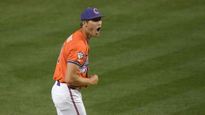 Clemson senior Lucas Mahlstedt (47) celebrates after striking out the last batter as the Tigers beat Wake Forest 5-1 at Doug Kingsmore Stadium in Clemson, S.C. Friday, March 21, 2025. Clemson senior Lucas Mahlstedt (47) celebrates after striking out the last batter as the Tigers beat Wake Forest 5-1 at Doug Kingsmore Stadium in Clemson, S.C. Friday, March 21, 2025.