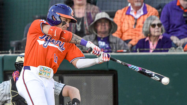 Clemson outfieler Cam Cannarella (10) bats against Wake Forest University during the bottom of the third inning at Doug Kingsmore Stadium in Clemson, S.C. Friday, March 21, 2025.