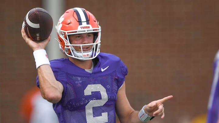 Clemson quarterback Cade Klubnik (2) passes during Spring Practice in Clemson, S.C. Monday, March 24, 2025.