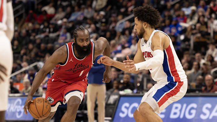 Feb 24, 2025; Detroit, Michigan, USA; Detroit Pistons guard Cade Cunningham (2) defends against LA Clippers guard James Harden (1) during the second half at Little Caesars Arena. Mandatory Credit: David Reginek-Imagn Images Feb 24, 2025; Detroit, Michigan, USA; Detroit Pistons guard Cade Cunningham (2) defends against LA Clippers guard James Harden (1) during the second half at Little Caesars Arena. Mandatory Credit: David Reginek-Imagn Images