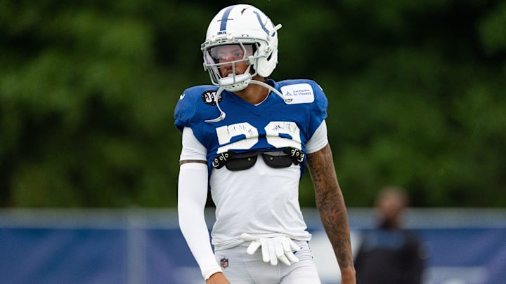 Indianapolis Colts cornerback JuJu Brents (29) warms up Monday, July 28, 2025, ahead of training camp held at Grand Park in Westfield.