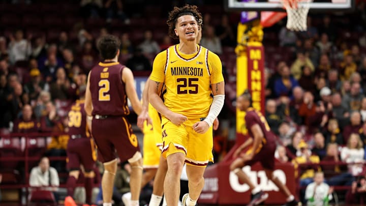 Nov 25, 2024; Minneapolis, Minnesota, USA; Minnesota Golden Gophers guard Lu'Cye Patterson (25) celebrates his three-point basket against the Central Michigan Chippewas during the second half at Williams Arena. Mandatory Credit: Matt Krohn-Imagn Images Nov 25, 2024; Minneapolis, Minnesota, USA; Minnesota Golden Gophers guard Lu'Cye Patterson (25) celebrates his three-point basket against the Central Michigan Chippewas during the second half at Williams Arena. Mandatory Credit: Matt Krohn-Imagn Images