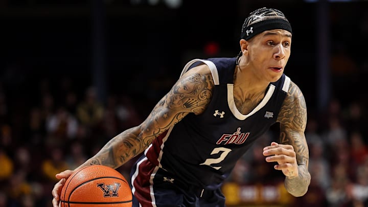 Dec 21, 2024; Minneapolis, Minnesota, USA; Fairleigh Dickinson Knights guard Terrence Brown (2) dribbles during the second half against the Minnesota Golden Gophers at Williams Arena. Mandatory Credit: Matt Krohn-Imagn Images Dec 21, 2024; Minneapolis, Minnesota, USA; Fairleigh Dickinson Knights guard Terrence Brown (2) dribbles during the second half against the Minnesota Golden Gophers at Williams Arena. Mandatory Credit: Matt Krohn-Imagn Images