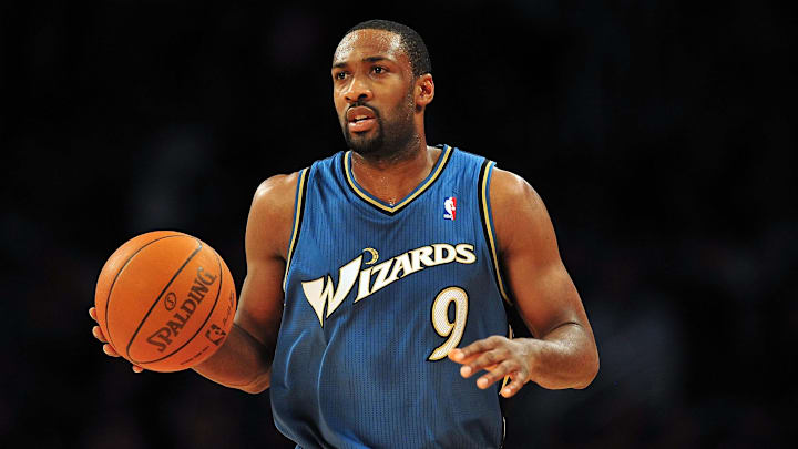 December 7, 2010; Los Angeles, CA, USA; Washington Wizards point guard Gilbert Arenas (9) moves the ball down court against the Los Angeles Lakers during the first half at the Staples Center. Mandatory Credit: Gary A. Vasquez-Imagn Images