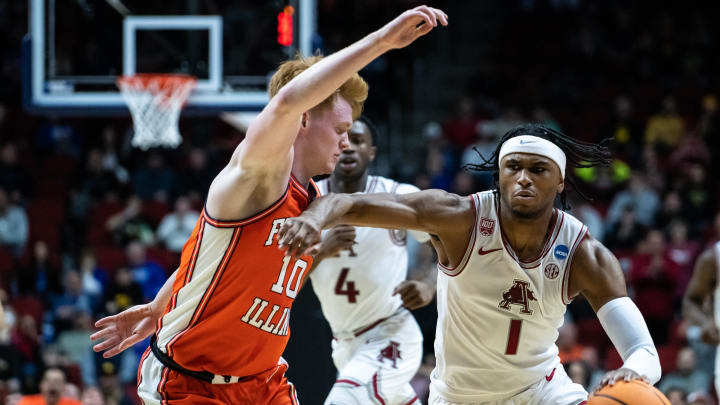 Arkansas' Ricky Council IV brings the ball down the court during the NCAA men's basketball tournament first round match-up between Illinois and Arkansas, on Thursday, March 16, 2023, at Wells Fargo Arena, in Des Moines, Iowa.