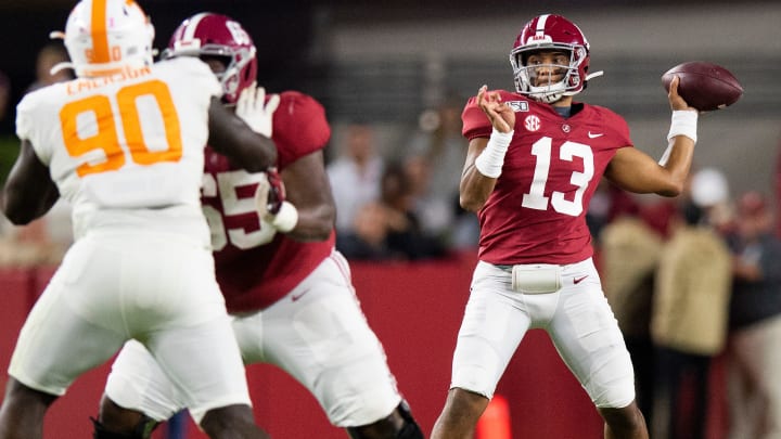 Alabama's Tua Tagovailoa passes against Tennessee at Bryant-Denny Stadium in Tuscaloosa, Ala. on Oct. 19, 2019.
Uaseason063 Alabama's Tua Tagovailoa passes against Tennessee at Bryant-Denny Stadium in Tuscaloosa, Ala. on Oct. 19, 2019.
Uaseason063