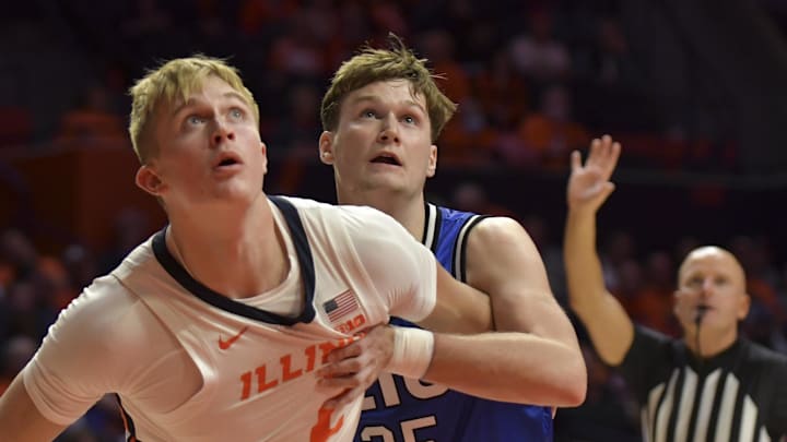 Nov 7, 2022; Champaign, Illinois, USA; Illinois Fighting Illini forward Connor Serven (2) and Eastern Illinois Panthers guard Dan Luers (25) battle for position during the second half at State Farm Center. Mandatory Credit: Ron Johnson-Imagn Images Nov 7, 2022; Champaign, Illinois, USA; Illinois Fighting Illini forward Connor Serven (2) and Eastern Illinois Panthers guard Dan Luers (25) battle for position during the second half at State Farm Center. Mandatory Credit: Ron Johnson-Imagn Images