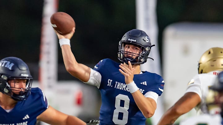 Cougars quarterback Cole Bergeron 8 as STM takes on Acadiana football. Friday, Sept. 20, 2024.