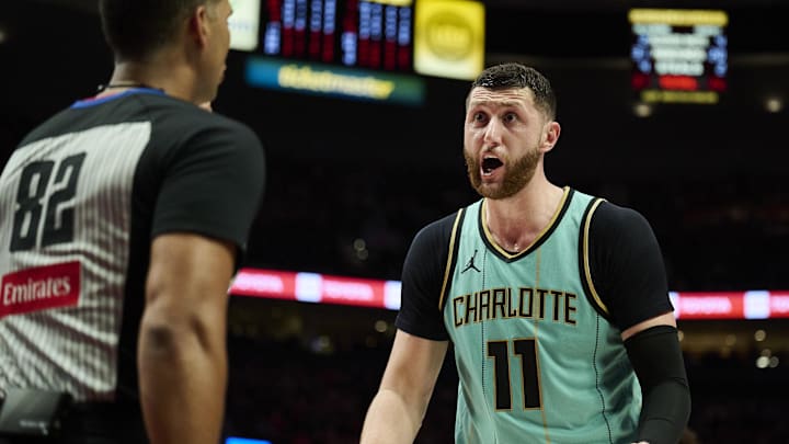 Feb 22, 2025; Portland, Oregon, USA; Charlotte Hornets center Jusuf Nurkic (11) reacts to a call during the first half against the Portland Trail Blazers at Moda Center. Mandatory Credit: Troy Wayrynen-Imagn Images Feb 22, 2025; Portland, Oregon, USA; Charlotte Hornets center Jusuf Nurkic (11) reacts to a call during the first half against the Portland Trail Blazers at Moda Center. Mandatory Credit: Troy Wayrynen-Imagn Images