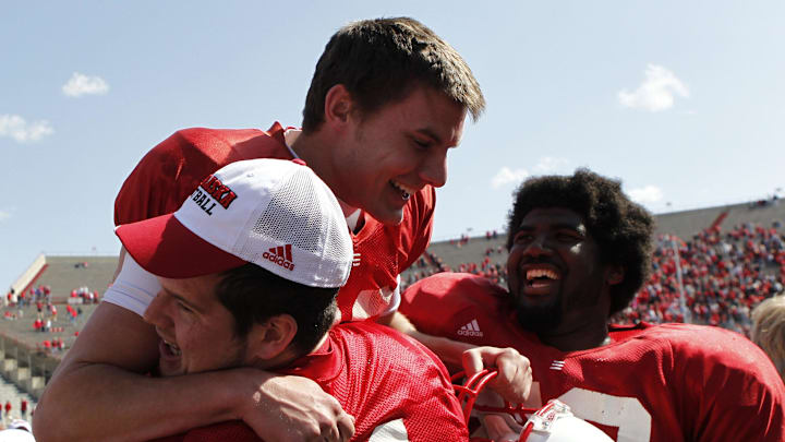 Brett Maher celebrates his game-winning field goal in the 2011 Red-White spring game.