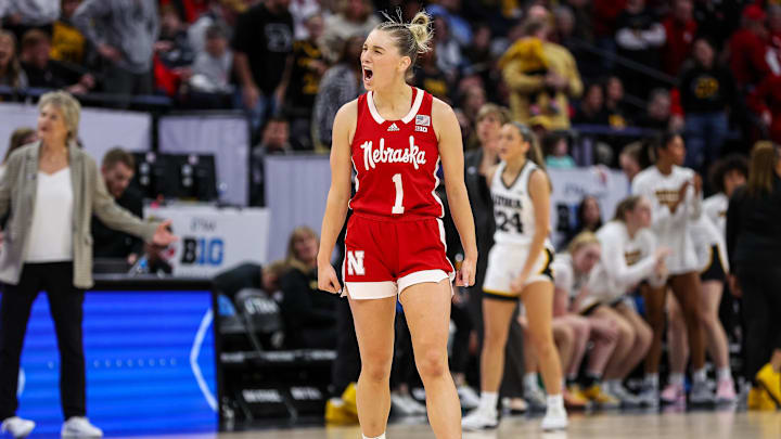 Nebraska Cornhuskers guard Jaz Shelley (1) celebrates after the first half against the Iowa Hawkeyes at Target Center.