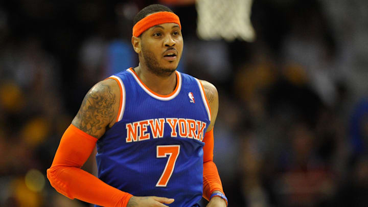 Dec 10, 2013; Cleveland, OH, USA; New York Knicks small forward Carmelo Anthony during a game against the Cleveland Cavaliers at Quicken Loans Arena. Cleveland won 109-94.
Mandatory Credit: David Richard-Imagn Images Dec 10, 2013; Cleveland, OH, USA; New York Knicks small forward Carmelo Anthony during a game against the Cleveland Cavaliers at Quicken Loans Arena. Cleveland won 109-94.
Mandatory Credit: David Richard-Imagn Images