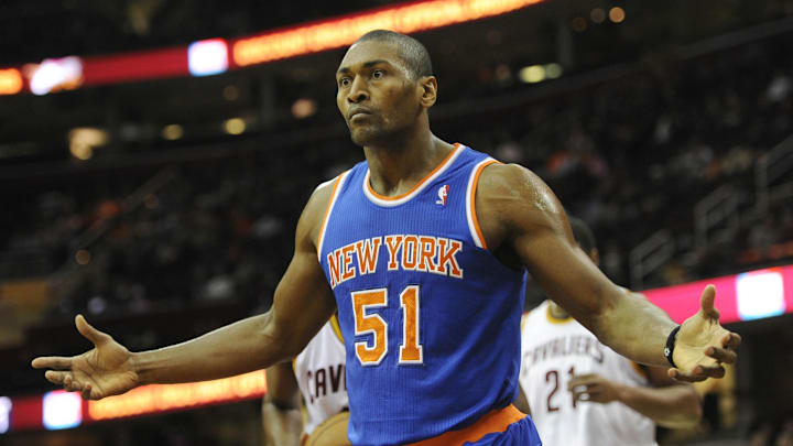 Dec 10, 2013; Cleveland, OH, USA; New York Knicks small forward Metta World Peace reacts in the first quarter against the Cleveland Cavaliers at Quicken Loans Arena. Mandatory Credit: David Richard-Imagn Images