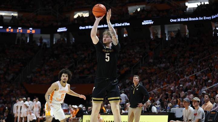 Mar 7, 2026; Knoxville, Tennessee, USA;  Vanderbilt Commodores forward Tyler Nickel (5) shoots a three pointer against the Tennessee Volunteers during the second half at Thompson-Boling Arena at Food City Center. Mandatory Credit: Randy Sartin-Imagn Images