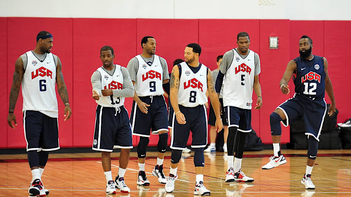 July 11, 2012; Las Vegas, NV, USA; Team USA players from left, forward LeBron James, guard Chris Paul, forward Andre Iguodala, guard Deron Williams, guard Kevin Durant and guard James Harden during practice at the UNLV Mendenhall Center. Mandatory Credit: Gary A. Vasquez-USA TODAY Sports July 11, 2012; Las Vegas, NV, USA; Team USA players from left, forward LeBron James, guard Chris Paul, forward Andre Iguodala, guard Deron Williams, guard Kevin Durant and guard James Harden during practice at the UNLV Mendenhall Center. Mandatory Credit: Gary A. Vasquez-USA TODAY Sports