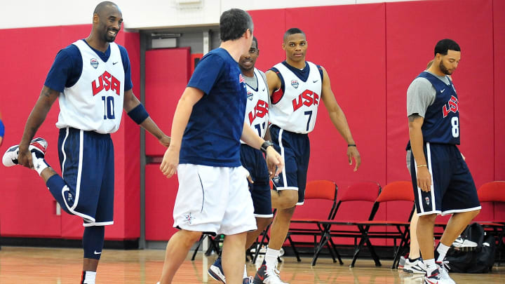 July 9, 2012; Las Vegas, NV, USA; Team USA guard Kobe Bryant, guard Russell Westbrook, and guard Deron Williams during practice at the UNLV Mendenhall Center. Mandatory Credit: Gary A. Vasquez-USA TODAY Sports July 9, 2012; Las Vegas, NV, USA; Team USA guard Kobe Bryant, guard Russell Westbrook, and guard Deron Williams during practice at the UNLV Mendenhall Center. Mandatory Credit: Gary A. Vasquez-USA TODAY Sports