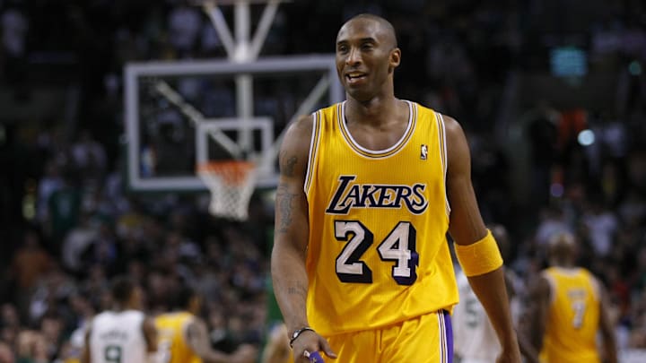 Feb 10, 2011; Boston, MA, USA; Los Angeles Lakers shooting guard Kobe Bryant (24) returns up court during the second half against the Boston Celtics at the TD Garden. The Lakers defeated the Celtics 92-86. Mandatory Credit: David Butler II-Imagn Images