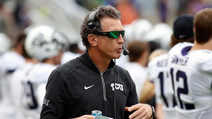 Nov 5, 2016; Waco, TX, USA; TCU Horned Frogs co-offensive coordinator Doug Meacham on the sidelines during a game against the Baylor Bears at McLane Stadium. TCU won 62-22. Mandatory Credit: Ray Carlin-Imagn Images Nov 5, 2016; Waco, TX, USA; TCU Horned Frogs co-offensive coordinator Doug Meacham on the sidelines during a game against the Baylor Bears at McLane Stadium. TCU won 62-22. Mandatory Credit: Ray Carlin-Imagn Images