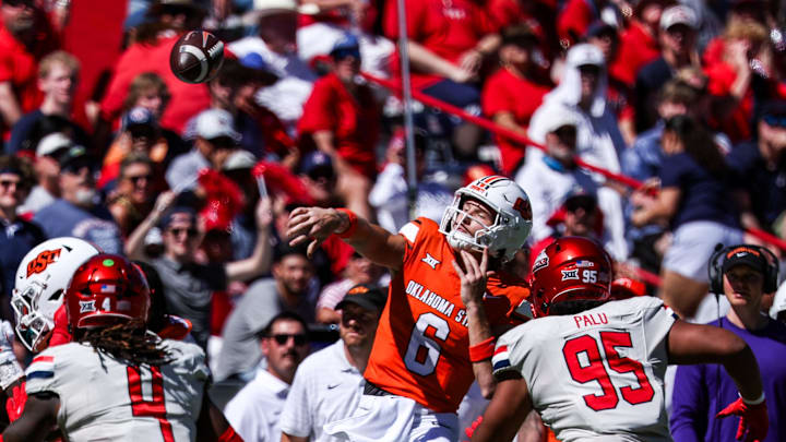 Oct 4, 2025; Tucson, Arizona, USA; Oklahoma State Cowboys quarterback Zane Flores (6) throws a pass under pressure against the Arizona Wildcats during the first quarter at Arizona Stadium. Mandatory Credit: Aryanna Frank-Imagn Images Oct 4, 2025; Tucson, Arizona, USA; Oklahoma State Cowboys quarterback Zane Flores (6) throws a pass under pressure against the Arizona Wildcats during the first quarter at Arizona Stadium. Mandatory Credit: Aryanna Frank-Imagn Images