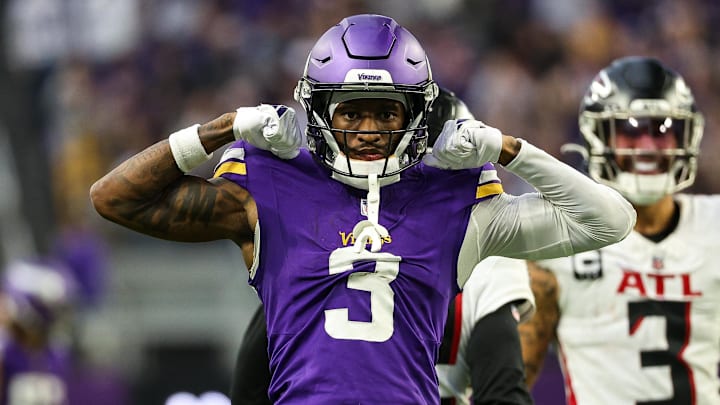 Dec 8, 2024; Minneapolis, Minnesota, USA; Minnesota Vikings wide receiver Jordan Addison (3) celebrates his catch against the Atlanta Falcons during the fourth quarter at U.S. Bank Stadium. Mandatory Credit: Matt Krohn-Imagn Images Dec 8, 2024; Minneapolis, Minnesota, USA; Minnesota Vikings wide receiver Jordan Addison (3) celebrates his catch against the Atlanta Falcons during the fourth quarter at U.S. Bank Stadium. Mandatory Credit: Matt Krohn-Imagn Images