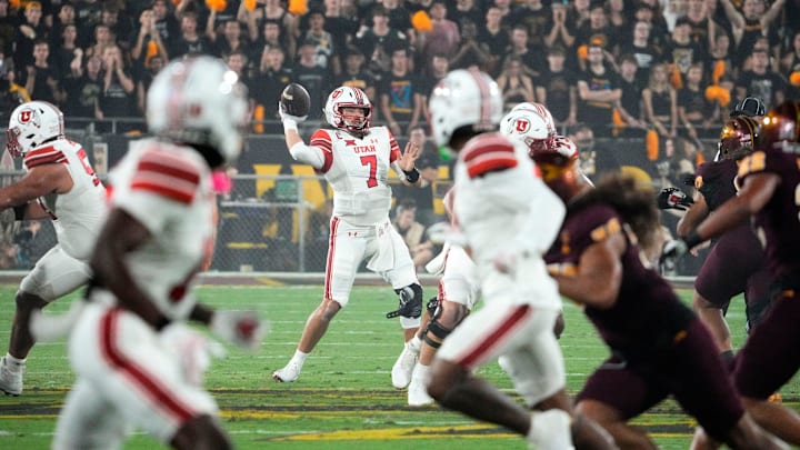 Utah quarterback Cameron Rising (7) threw three interceptions in the Utes' 27-19 loss to Arizona State.