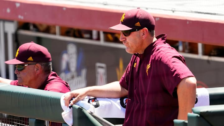 Arizona State head coach Willie Bloomquist watches the action against Arizona in the fourth inning during the Pac-12 Tournament at Scottsdale Stadium in Scottsdale on May 23, 2023.
