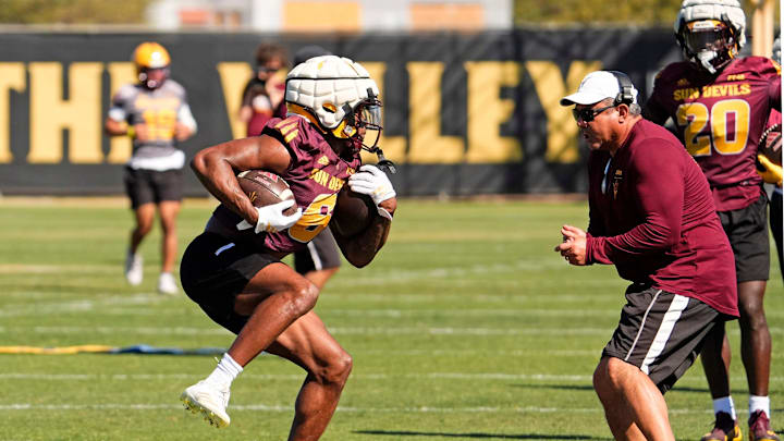 Arizona State running back Kanye Udoh (6) during spring football practice at Kajikawa practice fields in Tempe on Tuesday, March 25, 2025.