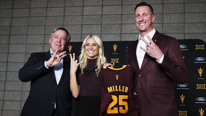 ASU president Michael M. Crow, new women's basketball head coach Molly Miller, and athletic director Graham Rossini (right) during a news conference at Papago Golf Club in Phoenix on March 26, 2025.