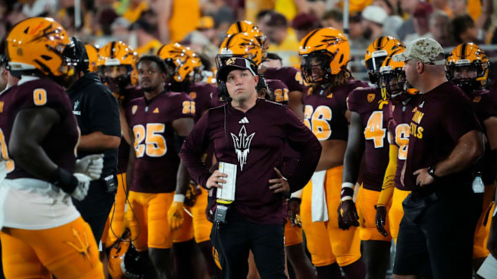 Arizona State head coach Kenny Dillingham reacts during action against the Southern Utah Thunderbirds in the first half at Mountain America Stadium in Tempe on Aug. 31, 2023.