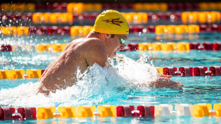 Arizona State Sun Devil Leon Marchand swims in the 100 yard breaststroke against the Grand Canyon Lopes at Mona Plummer Aquatic Complex in Tempe on Jan. 6, 2024.