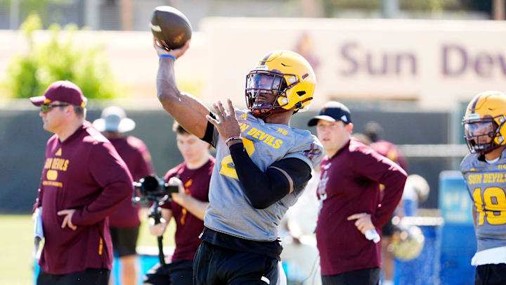 Arizona State quarterback Jeff Sims (2) during spring football practice at Kajikawa practice fields in Tempe on Tuesday, March 25, 2025.