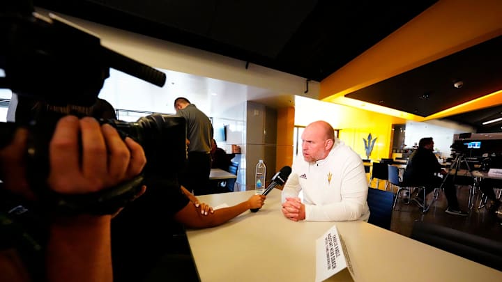 Arizona State assistant football coach and special teams coordinator Charlie Ragle talks to the media at the Carson Student-Athlete Center in Tempe on Feb. 2, 2023.
Other Asu Fb Coach Coaches Arizona State assistant football coach and special teams coordinator Charlie Ragle talks to the media at the Carson Student-Athlete Center in Tempe on Feb. 2, 2023.
Other Asu Fb Coach Coaches