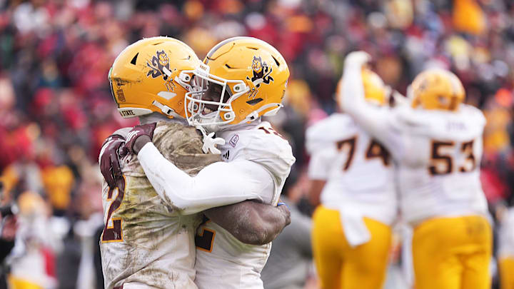 Arizona State Sun Devils quarterback Jeff Sims (2) gets congratulation froths team mates wide receiver Malik McClain (12) after winning 19-25 over Iowa State in the Big-12 showdown at jack Trice Stadium on Nov. 1, 2025, in Ames, Iowa.