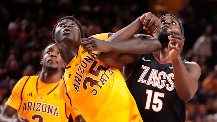 Arizona State Sun Devils center Massamba Diop (35) battles for position with Gonzaga Bulldogs forward Graham Ike (15) on Nov. 14, 2025, at Desert Financial Arena in Tempe.