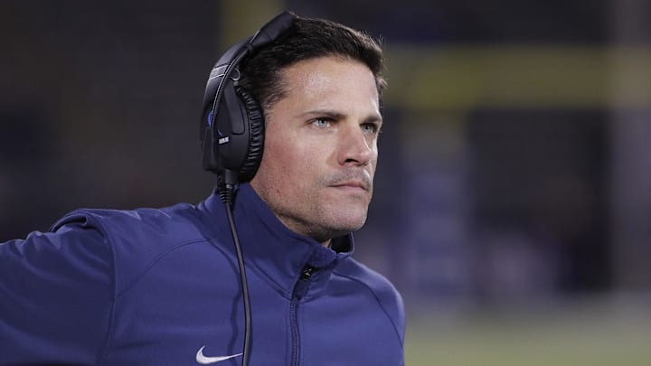 Nov 26, 2016; East Hartford, CT, USA; Connecticut Huskies head coach Bob Diaco watches from the sideline as they take on the Tulane Green Wave in the second half at Rentschler Field. Tulane defeated UConn 38-13. Mandatory Credit: David Butler II-Imagn Images