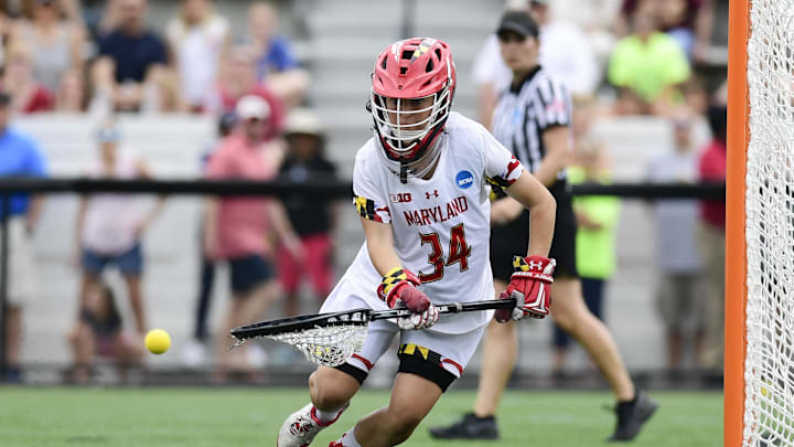 May 26, 2019; Baltimore, MD, USA; Maryland goalie Megan Taylor reaches for a loose ball during the second half against Boston College in the women's NCAA lacrosse national championship game.