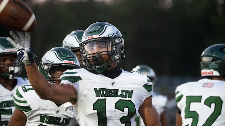 Friday, September 9, 2022; Ejani Shakir (13) reacts after scoring a touchdown during the football game between Delsea and Winslow Township played at Delsea Regional High School in Franklinville, NJ.