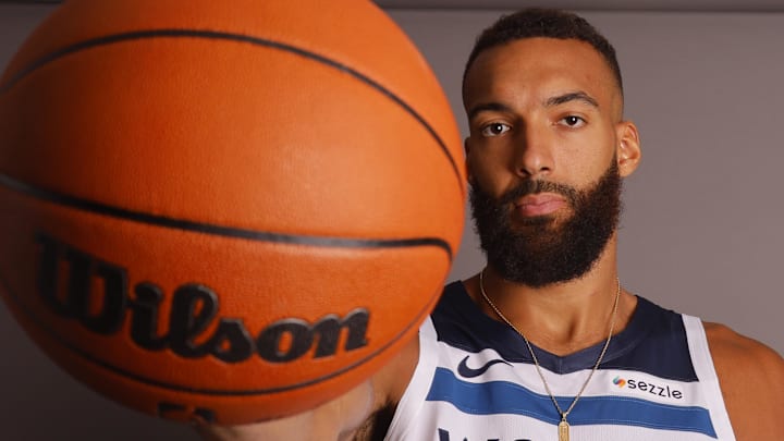 Minnesota Timberwolves center Rudy Gobert (27) poses for photos on media day at Target Center in Minneapolis on Sept. 30, 2024.