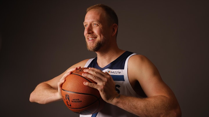 Minnesota Timberwolves guard Joe Ingles (7) poses for photos on media day at Target Center in Minneapolis on Sept. 30, 2024.