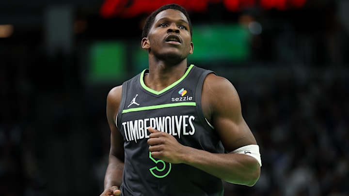 Nov 29, 2024; Minneapolis, Minnesota, USA; Minnesota Timberwolves guard Anthony Edwards (5) runs up court during the second half of an NBA Cup game against the LA Clippers at Target Center. Mandatory Credit: Matt Krohn-Imagn Images