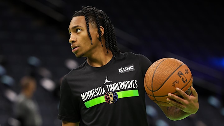 Nov 29, 2024; Minneapolis, Minnesota, USA; Minnesota Timberwolves guard Rob Dillingham (4) warms up before the game against the LA Clippers at Target Center. Mandatory Credit: Matt Krohn-Imagn Images