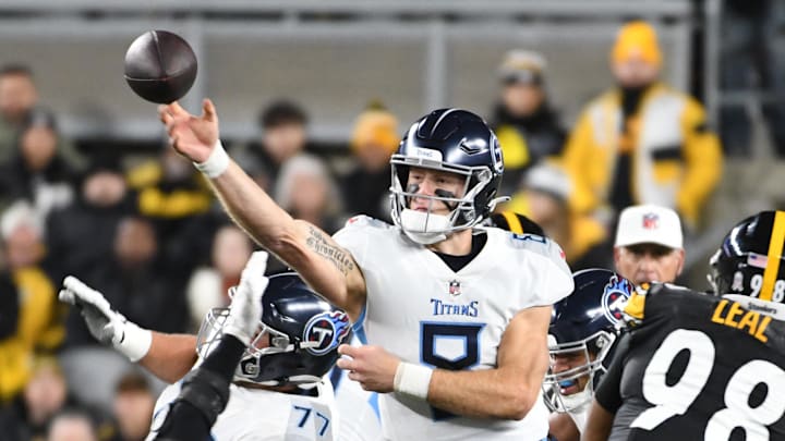 Tennessee Titans quarterback Will Levis throws under pressure from the Pittsburgh Steelers defense during the first quarter at Acrisure Stadium. Mandatory Credit: Philip G. Pavely-Imagn Images