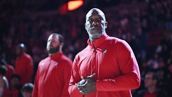 Oct 18, 2024; Portland, Oregon, USA; Portland Trail Blazers head coach Chauncey Billups watches pre-game festivities before a game against the Utah Jazz at Moda Center. Mandatory Credit: Troy Wayrynen-Imagn Images