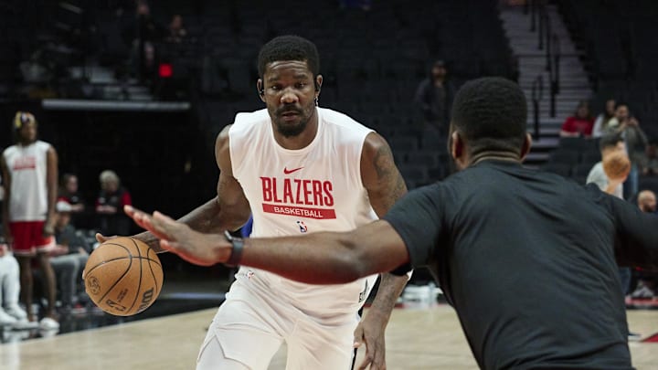 Jan 16, 2025; Portland, Oregon, USA; Portland Trail Blazers center Deandre Ayton (2) warms up before a game against the LA Clippers at Moda Center. Mandatory Credit: Troy Wayrynen-Imagn Images