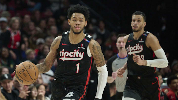 Jan 11, 2025; Portland, Oregon, USA; Portland Trail Blazers guard Anfernee Simons (1) dribble the ball during the first half against the Miami Heat at Moda Center. Mandatory Credit: Troy Wayrynen-Imagn Images Jan 11, 2025; Portland, Oregon, USA; Portland Trail Blazers guard Anfernee Simons (1) dribble the ball during the first half against the Miami Heat at Moda Center. Mandatory Credit: Troy Wayrynen-Imagn Images