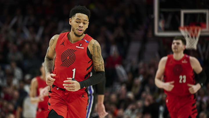 Feb 6, 2025; Portland, Oregon, USA; Portland Trail Blazers guard Anfernee Simons (1) runs back on defense after scoring a basket during the second half against the Sacramento Kings at Moda Center. Mandatory Credit: Troy Wayrynen-Imagn Images Feb 6, 2025; Portland, Oregon, USA; Portland Trail Blazers guard Anfernee Simons (1) runs back on defense after scoring a basket during the second half against the Sacramento Kings at Moda Center. Mandatory Credit: Troy Wayrynen-Imagn Images
