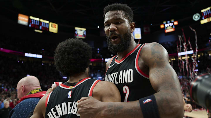 Jan 31, 2024; Portland, Oregon, USA; Portland Trail Blazers center Deandre Ayton (2) celebrates victory with guard Scoot Henderson (00) after a game against the Milwaukee Bucks at Moda Center. Mandatory Credit: Troy Wayrynen-Imagn Images Jan 31, 2024; Portland, Oregon, USA; Portland Trail Blazers center Deandre Ayton (2) celebrates victory with guard Scoot Henderson (00) after a game against the Milwaukee Bucks at Moda Center. Mandatory Credit: Troy Wayrynen-Imagn Images