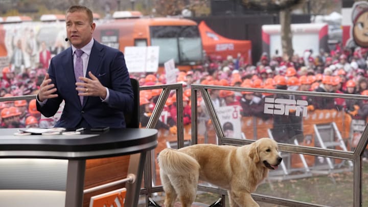Kirk Herbstreit broadcasts from the ESPN College GameDay set with his dog, Pete, prior to the NCAA football game between the Ohio State Buckeyes and the Indiana Hoosiers at Ohio Stadium in Columbus on Saturday, Nov. 23, 2024. Kirk Herbstreit broadcasts from the ESPN College GameDay set with his dog, Pete, prior to the NCAA football game between the Ohio State Buckeyes and the Indiana Hoosiers at Ohio Stadium in Columbus on Saturday, Nov. 23, 2024.