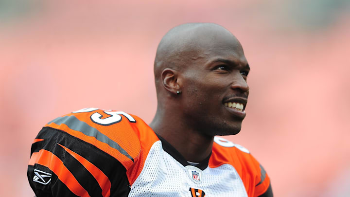 Oct. 3, 2010; Cleveland, OH, USA; Cincinnati Bengals wide receiver Chad Ochocinco (85) prior to the game against the Cleveland Browns at Browns Stadium. Mandatory Credit: Andrew Weber-Imagn Images